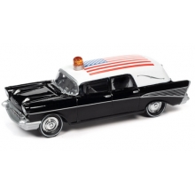 JOHNNY JLSP144 1:64 1957 CHEVROLET HEARSE BLACK & WHITE W AMERICAN FLAG