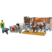 BRUDER 62611 BWORLD COW AND CALF BARN WITH FARMER